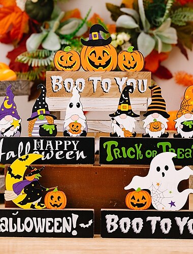  5 stk. Halloween-borddekoration i træ, gnome-græskar-spøgelsesfigur til Halloween-festdekoration og uhyggelig hjemmeatmosfære.