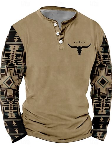  Herren Grafik Stammes Henley Hemd Langarm Mode Niedlich Täglich Lässig Ferien Ausgehen Frühling & Herbst Khaki Hellgrau Henley Henley T-Shirt