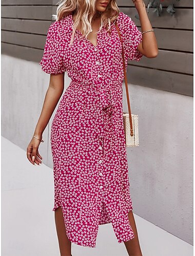  Damen Midikleid A Linie Kleid Lässig Outdoor Ausgehen Normale Passform Blumen Kurzarm Umlegekragen Schwarz Gelb Rote Himmelblau Sommer