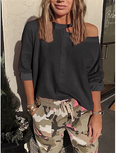  Damen T Shirt Einfach Mode Stilvoll Modern Langarm Rundhalsausschnitt Normale Oberteile Täglich Wochenende Ausschnitt Schwarz Rosa Blau Grau Sommer Frühling