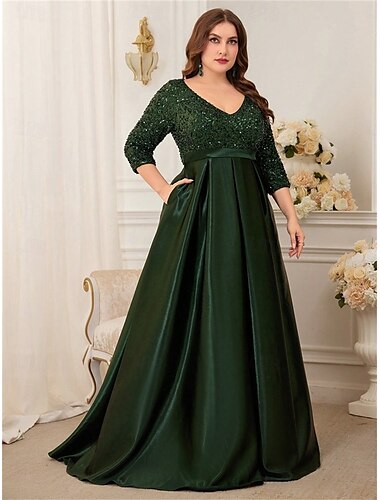  A-Linien Plus Size Kleider Elegantes Kurvenkleid Formelles Hochzeitsbodenlänges 3/4 Langärmel V-Ausschnitt Satin mit Pailletten 2025
