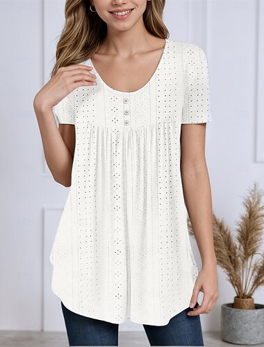 Dames Tuniek Zomer tops Blouse Effen Stijlvol Casual Korte mouw Strakke ronde hals Lange tops Dagelijks Knop Vetergat Assymmetrisch Wit Blozend Roze Paars Groen Licht Blauw Zomer Lente
