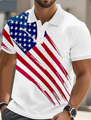  4 luglio 2026 250° Per uomo Bandiera Americana Polo Manica Corta Magliette polo Bavero Casual Athleisure Stampa 3D Bottoni Estate Blu
