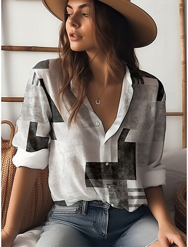  Damen Hemd Sommeroberteile Lässig Strand Langarm Hemdkragen Normale Oberteile Weiß und Rosa Grau+Weiß Sommer Frühling Herbst