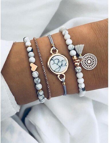  Conjunto de pulseras de cuentas de howlita para mujer: conjunto bohemio en capas con dije de corazón, colgante de mármol y borla para ropa informal, conjuntos de playa y regalos.