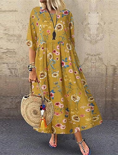  女性用 ロングドレス マキシドレス カジュアルドレス 花柄ドレス サマードレス ファッション 近代の 日常 ビーチ 週末 レギュラー フラワー 半袖 クルーネック ホワイト イエロー ネイビーブルー 夏