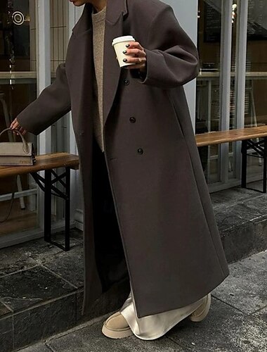  Damen Mantel Warm Bequem Tasche Knöpfe Mode Einfach Ausgehen Wochenende Doppelreihig Lang Umlegekragen Normale Passform Langarm Oberbekleidung Kaffee Herbst Winter