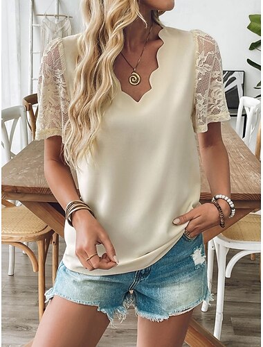  Women's Lace Splicing Top Plain Fashion Modern Casual Short Sleeve V Neck Regular Tops Daily Weekend Lace Patchwork Beige Summer Spring