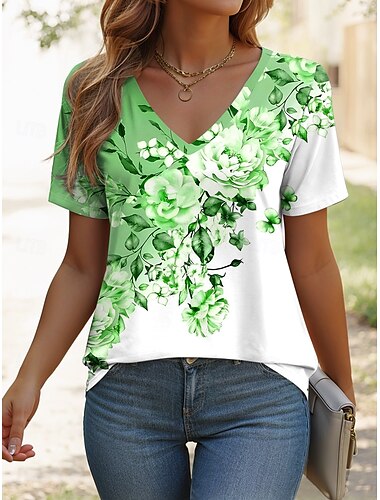  女性用 Tシャツ フラワー グラフィック 植物 スタイリッシュ クラシック カジュアル 半袖 Ｖネック レギュラートップス 日常 週末 プリント ピンク ブルー パープル グリーン 夏 春