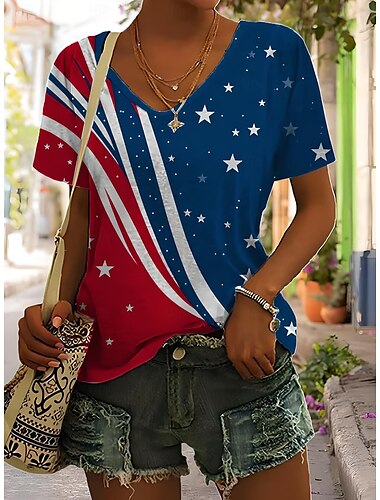  独立記念日 女性 パトリオティック 第四の7月 Tシャツ グラフィック プランツ アメリカンフラッグ ヴィンテージ スタイリッシュ クラシック 半袖 Vネック レギュラートップス デイリーワード ウィークエンドプリント ブラック ホワイト レッド ライトブラウン ブルー