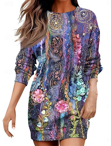  Mujer Mini vestido Vestido de cambio Casual Vacaciones Festivos Noche Ajuste regular Floral Graphic Geométrico Manga Larga Cuello Barco rojo oxidado Morado Color Caquí Otoño Invierno