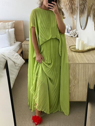  Femmes Robe Longue Maxi Robe Robe de Cocktail Robe froncée Mode Extérieur Date Fête du thé Coupe régulière Uni Manche Courte Col ras du cou Vert Été