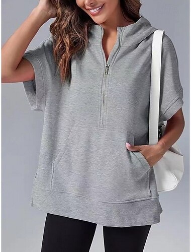  女性用 ジップ付きフーディースウェットシャツ ジップフロント 半袖 トップス 速乾性 ソフト 高通気性 テニス ゴルフ ランニング スポーツウェア アクティブウェア ソリッド アプリコット ブラック ブラウン