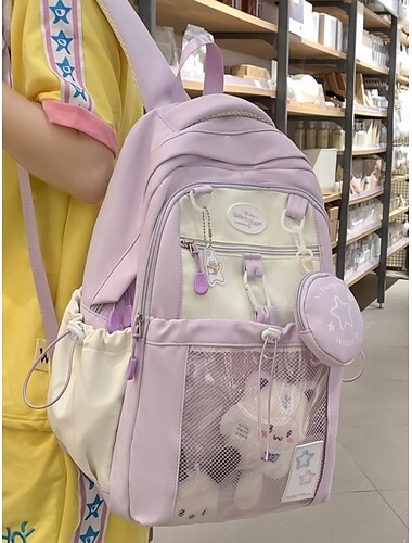  Süßer beigefarbener Damen-Rucksack – wasserabweisend, mehrere Taschen, süßer Stil für die Schule und den täglichen Gebrauch, schwarz, gelb, rosa