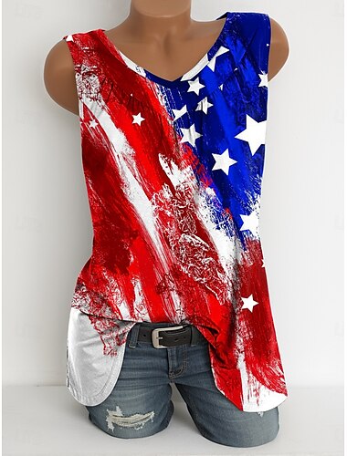  Women's Patriotic  Camisole Tank Top Graphic Flag Vintage Stylish Casual Sleeveless V Neck Long Tops Daily Print Red Blue Dusty Blue Summer Spring