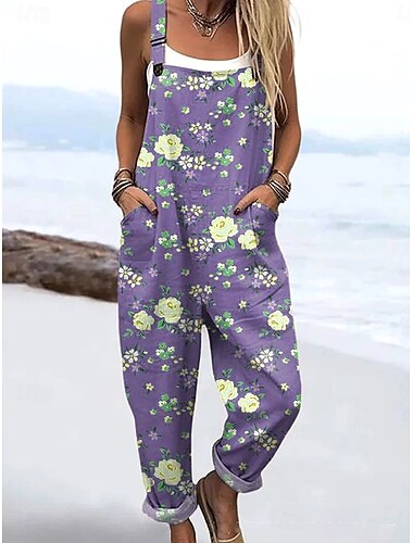  Dam Jumpsuits Aktiv Blommig Ärmlös Snörning Semester Gata Lös passning Rodnande Rosa Rubinrött Purpur Sommar