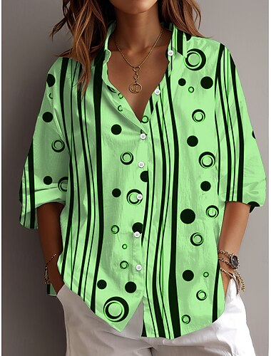  Mujer Camisa Graphic Geométrico Casual Manga Larga Cuello Camisero Tops regulares Trabajo Diario Botones Estampado Blanco Rosa Azul Piscina Morado Verde Trébol Primavera Otoño