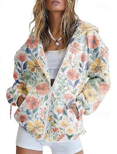  Damen Freizeitjacke Bequem Tasche Druck Sport Mode Outdoor Blume Alltagstauglich Wochenende Reisverschluss Regulär Mit Kapuze Normale Passform Langarm Oberbekleidung Weiß Gelb Rosa Frühling Herbst