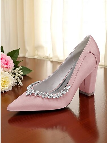  Zapatos de boda de satén rosa con tacón de bloque para mujer, punta puntiaguda y adornos de diamantes de imitación para ceremonias formales y eventos elegantes.