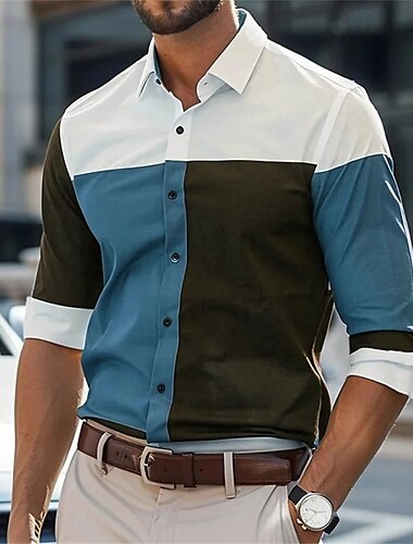  Herren Hemd Sommerhemd Freizeithemd Strandhemd Knopfhemd Blau Orange Grün Grau Langarm Farbblock Revers Urlaub Hawaiianisch Patchwork Bekleidung Polyester Mode Lässig Bequem