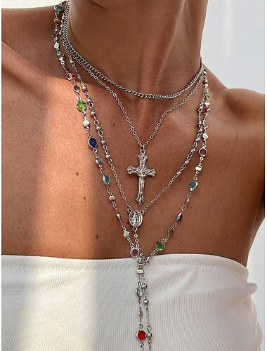  Mehrlagiges Halskettenset mit Kreuzanhänger aus Gold und Silber für Damen mit bunten Perlen – modischer religiöser Schmuck für den Alltag, Freizeitausflüge und besondere Anlässe