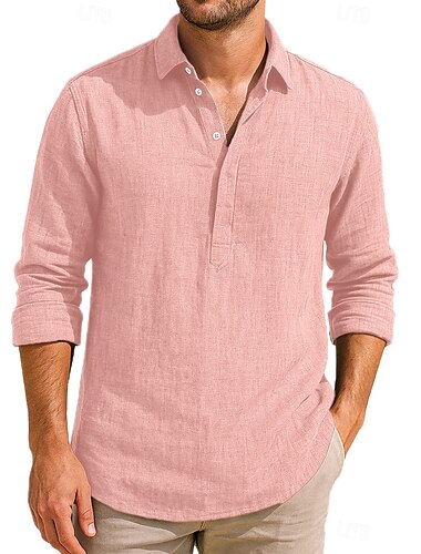  Herren Hemd Leinenhemd Sommerhemd Strandhemd Einfarbig Urlaub Lässig Schwarz Rosa Grün Dunkelgray Langarm Kragen Bekleidung
