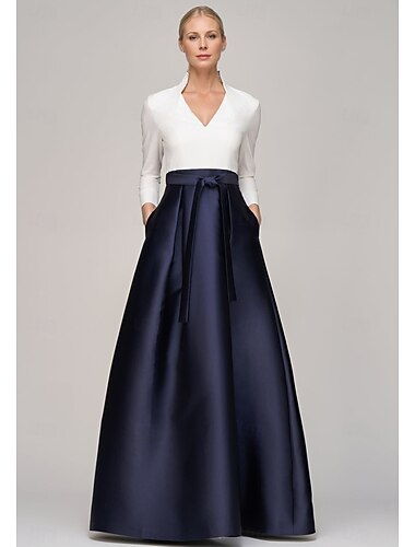  Μαύρο και Λευκό Φόρεμα Βραδινό A-Line Με Elegant Φόρεμα Επίσημο Γάμου Καλεσμένου Δαπέδου Μήκος Μακρύ Μανίκι V Λαιμό Τσέπη Σατέν με Κορδόνι(α)