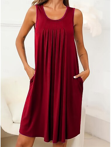  Damen Midikleid Unterkleid Lässig Heim Täglich Lässiger Schnitt Grafik Ärmellos Rundhalsausschnitt Weinrot Schwarz Meeresblau Purpur Sommer