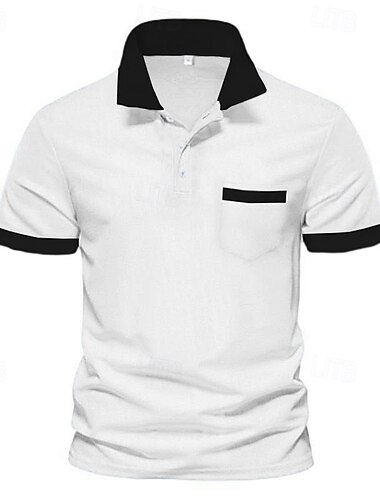  Herren Farbblock Golfshirt Kurzarm Polo-Shirts Revers Lässig Geschäft Sport Ferien Tasche Sommer Schwarz Weiß Wein