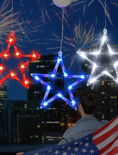  3 Pezzi Luci Patriottiche Appese per il 4 Luglio Giorno dell'Indipendenza 250° Anniversario Giorno della Memoria Luce a Ventaglio Bianco Blu Con Ventosa Batteria AAA Scatola Decorativa per Feste