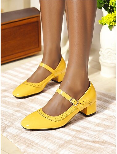  Gelbe Mary-Jane-Pumps mit Blockabsatz und Brogue-Details für Damen – Vintage-Pumps mit mittlerem Absatz im 50er-Jahre-Stil fürs Büro, den Alltag und Frühlingsausflüge