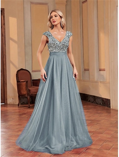  A-Linie Quinceanera-Kleider Elegant Kleid Formell Hochzeit Bodenlang Ärmellos V Ausschnitt Tüll V-Ausschnitt mit Paillette 2025