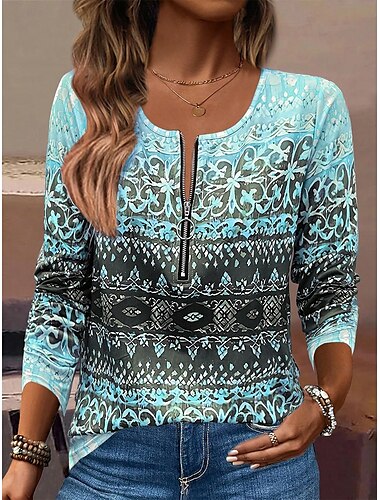  Damen T Shirt Ombre Farbverläufe Elegant Stilvoll Modern Langarm V Ausschnitt Normale Oberteile Täglich Wochenende Reißverschluss Druck Rosa Blau Sommer Frühling