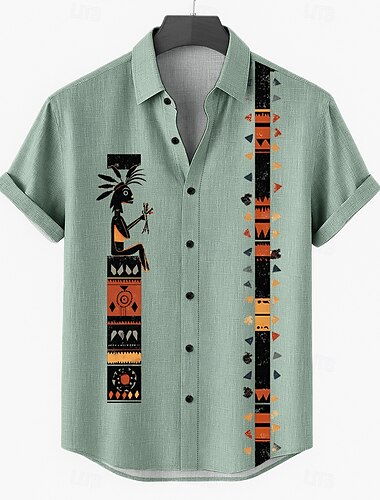  Herren Leinenhemd Sommerhemd Strandbekleidung Knopfhemd Stammes Urlaub Lässig Blau Grün Khaki Kurzarm Umlegekragen Sommer Frühling Bekleidung