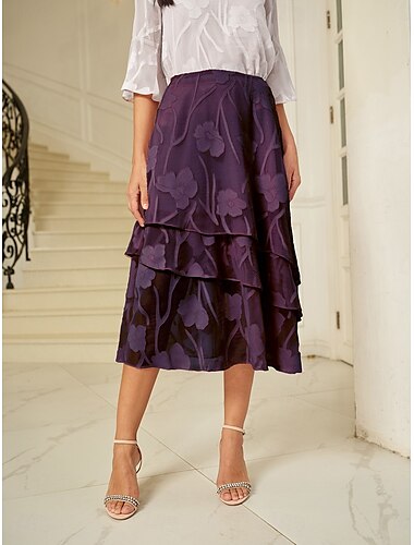  Dam Kjol Elegant Midi Medium Midja Kjolar Blommig Multi lager Oelastisk Fest Casual Äggplanta Sommar Chiffong