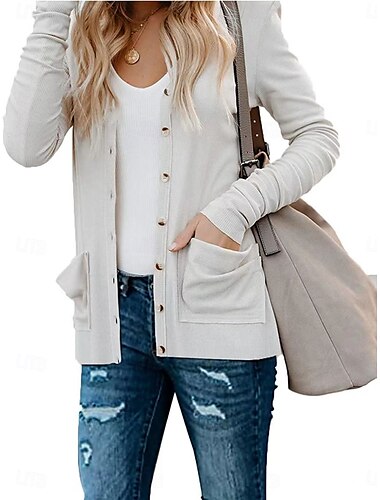  Damen Freizeitjacke Atmungsaktiv Bequem Knöpfe Tasche Lässig Einfach Urlaub Straße Lässig Alltagskleidung Einreihig Regulär V Ausschnitt Normale Passform Langarm Oberbekleidung Weiß Rosa Khaki Sommer