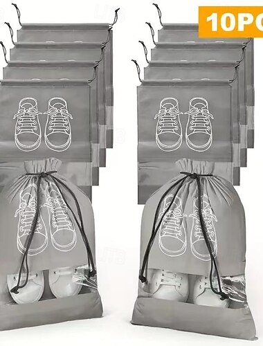 10er-Pack Reise-Schuhaufbewahrungsbeutel, staubdichte Schuh-Organizer aus Vlies mit Kordelzugverschluss, transparentem Fenster und weißem Schuhabdruck-Design