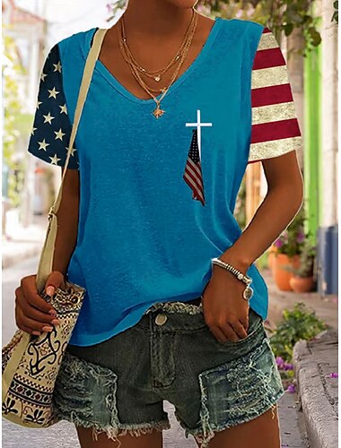  Onafhankelijkheidsdag Vrouwen Patriottische Vierde Juli T Shirt Grafische Amerikaanse Vlag Vintage Stijlvol Klassiek Korte Mouw V Hals Reguliere Toppen Dagelijkse Weekend Print Zwart Blauw Grijs Zomer