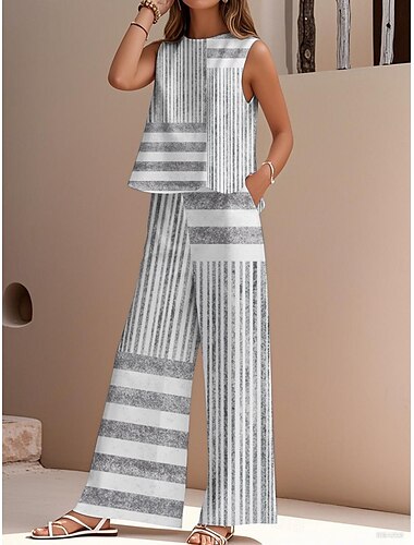  Elegante Damenmode Streetwear Zweiteiler Bluse Weste Hose Ärmellos Rundhals Outdoor Arbeit Casual Streifendruck Urlaub Alltag Urlaub Rosa Blau Grau Sommer Regular Fit