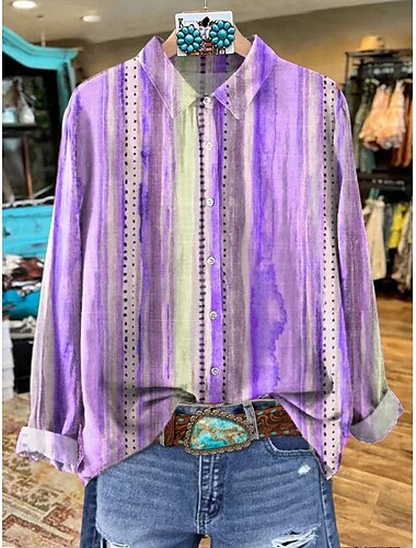  Per donna Camicia Grafico A righe Vintage Tropicale Elegante Manica Lunga Colletto a Camicia Top Regolari Lavoro Quotidiano Bottoni Stampato Rosso Viola Verde Primavera Autunno Inverno