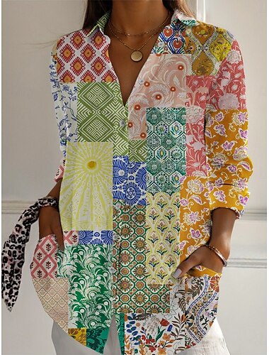  Damen Hemd Blumen Farbblock Vintage Ethnisch Langarm Hemdkragen Normale Oberteile Täglich Ferien Knöpfe Druck Grün Frühling Herbst
