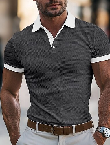  Ανδρικά Button Up Polos Πουκάμισο γκολφ Causal Αργίες Πέτο Ριμπ γιακά πόλο Κοντομάνικο Μοντέρνα Βασικό Σκέτο Μπροστινό κουμπί Καλοκαίρι Λευκό Ρουμπίνι Θαλασσί Σκούρο γκρι Button Up Polos