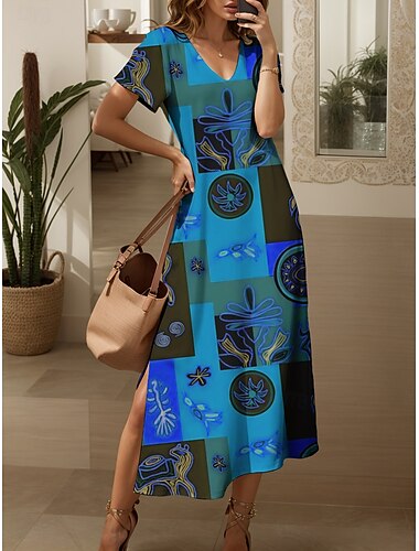  Damen Midikleid Freizeitkleid Sommerkleid A Linie Kleid Bohemien Urlaub Lässig Strand Lässiger Schnitt Grafik Abstrakt Boho Kurzarm V Ausschnitt Gelb Blau Purpur Orange Sommer Frühling Herbst