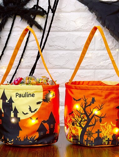  Borsa regalo di Halloween con nome personalizzato e LED, per bambini, borsa porta caramelle personalizzata per dolcetto o scherzetto, tema fantasma zucca luminosa, borsa regalo luminosa con ricamo del