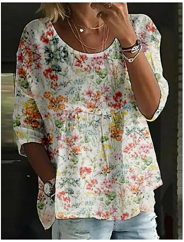  Damen Bluse Blumen Stilvoll Dreiviertelarm Rundhalsausschnitt Normale Oberteile Täglich Ferien Druck Weiß Hellgrün Rosa Rote Grün Sommer