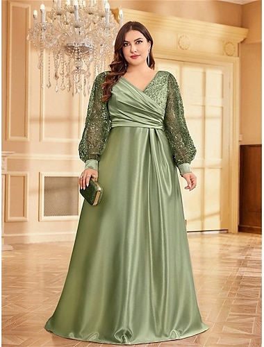  A-Linje Plus Size Klänningar Elegant Kurva Klänning Formell Bröllop Golvlängd Långa Ärmar V-Hals Polyester med Rynkor 2025