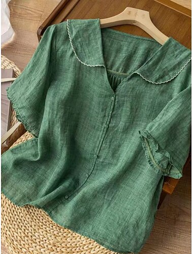  Mulheres Camisas de algodão e linho Côr Sólida Básico Casual Manga Curta Colarinho de Camisa Tops regulares Diário Botões Branco Rosa Azul Laranja Verde Verão Primavera