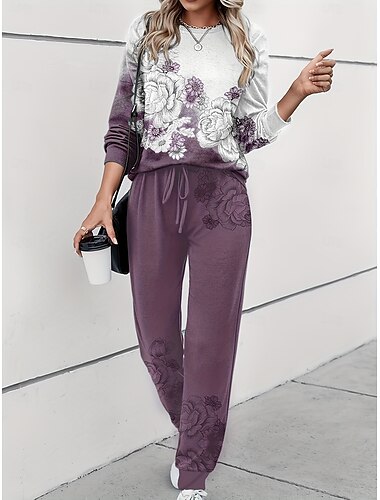  Damen Warm Aktiv Sport Trainingsanzug Hosen-Sets Pullover Langarm Rundhalsausschnitt Blumen Grafik Kordelzug Druck Sport im Freien Lässig Blau Purpur Grün Herbst Winter Normale Passform