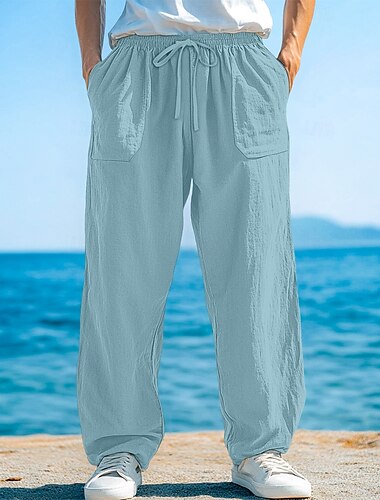  Herren Hose aus Baumwollleinen Hose Sommerhose Baggy-Hosen Strandhose Kordelzug Fronttasche Gerader Schnitt Einfach Komfort Weich Volle Länge Yoga Ferien Strand Urlaub Mode Schwarz Weiß Unelastisch