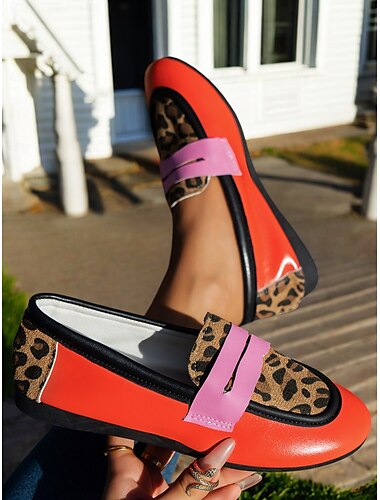  Damen-Loafer mit Leopardenmuster und Farbblockdesign und rosa Riemen – auffällige, lässige Flats für modischen Streetstyle und Alltag